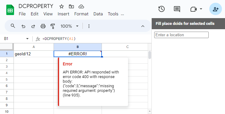 Google Sheets return for missing required property argument