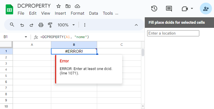 Google Sheets empty DCID error return