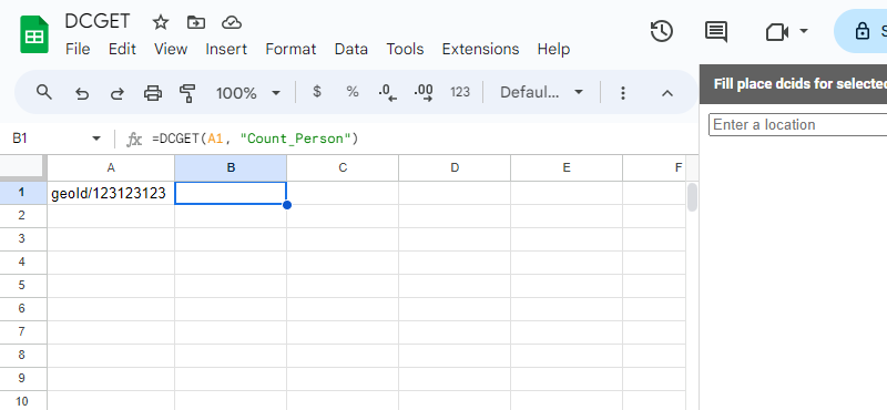 No value is returned to cell B1 in the following sheet for the formula `=DCGET(A1, "Count_Person")` because the DCID does not exist