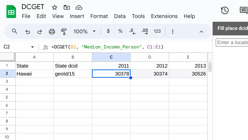 Output after running the =DCGET(B2, "Median_Income_Person", C1:E1) formula