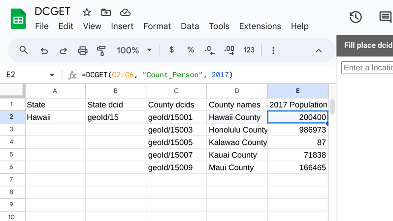 Output after running the =DCGET(B2:B6, "Count_Person", 2017) formula