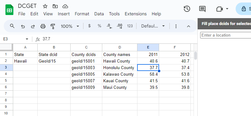 Output after running the =DCGET(C2:C6, "Median_Age_Person", F1:H1) formula