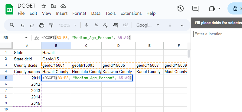 Retrieving places as a row and dates as a column using the formula =DCGET(B3:F3, "Median_Age_Person", A5:A9)