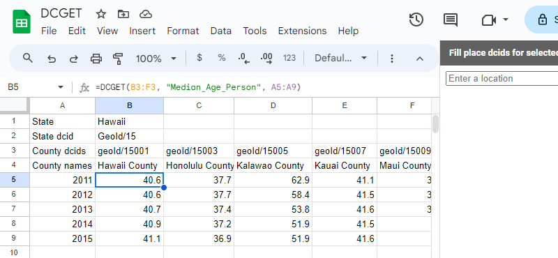 Output after running the =DCGET(B3:F3, "Median_Age_Person", A5:A9) formula